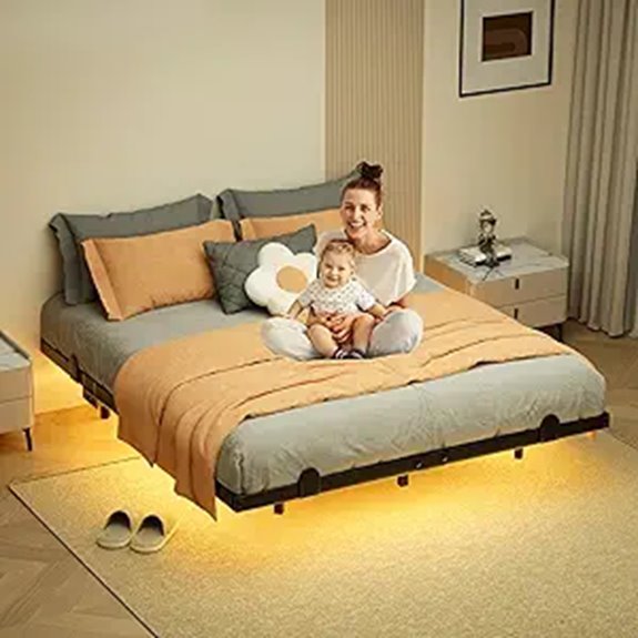 Floating Queen Bed Frame with LED Lights & Charging
