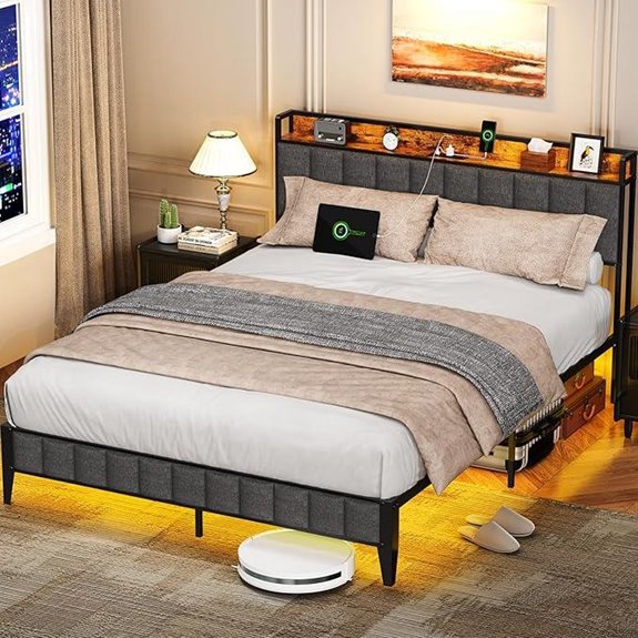 EasyCom Queen Bed Frame with LED Light & USB Ports