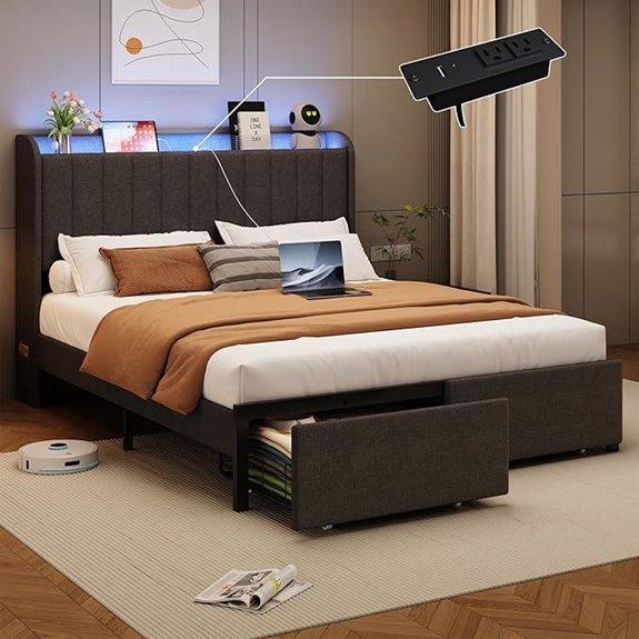 Queen Size Bed Frame with Storage and LED Lights