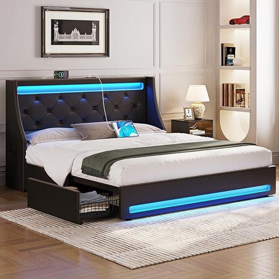 Rolanstar Queen Bed Frame with LED Lights and Storage