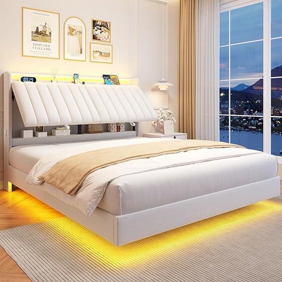 Queen Size Floating Bed Frame with Storage & LED Lights